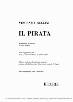 Il Pirata, Ed. Ricordi (PD). Vocal Score. Cover.