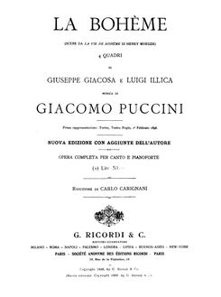 La Bohème, Ed. Ricordi (1896), Vocal Score. Cover....