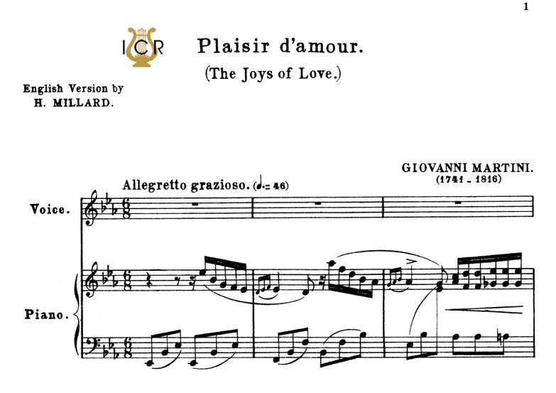 Plaisir d'amour, Low or Medium Voice in E Flat Maj...
