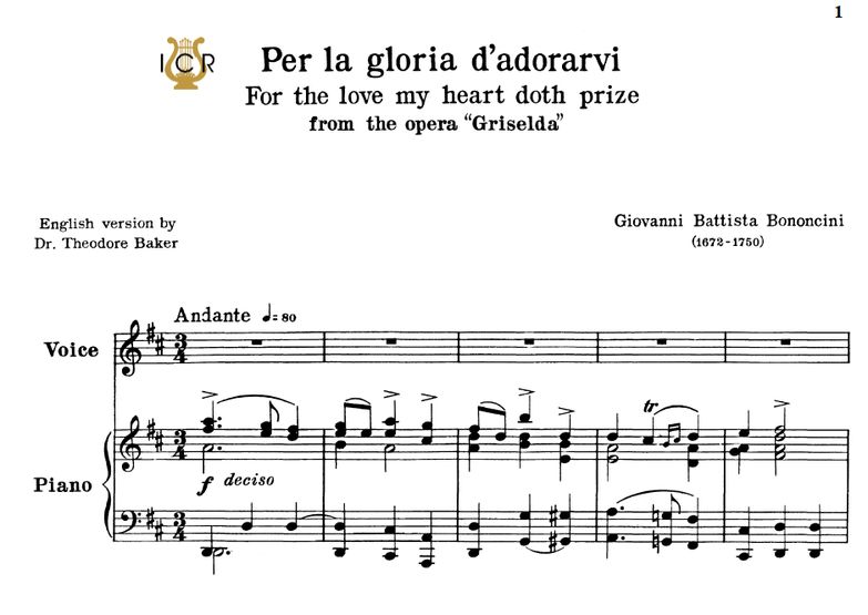 Per la gloria d'adorarvi, Low Voice in D Major, G....