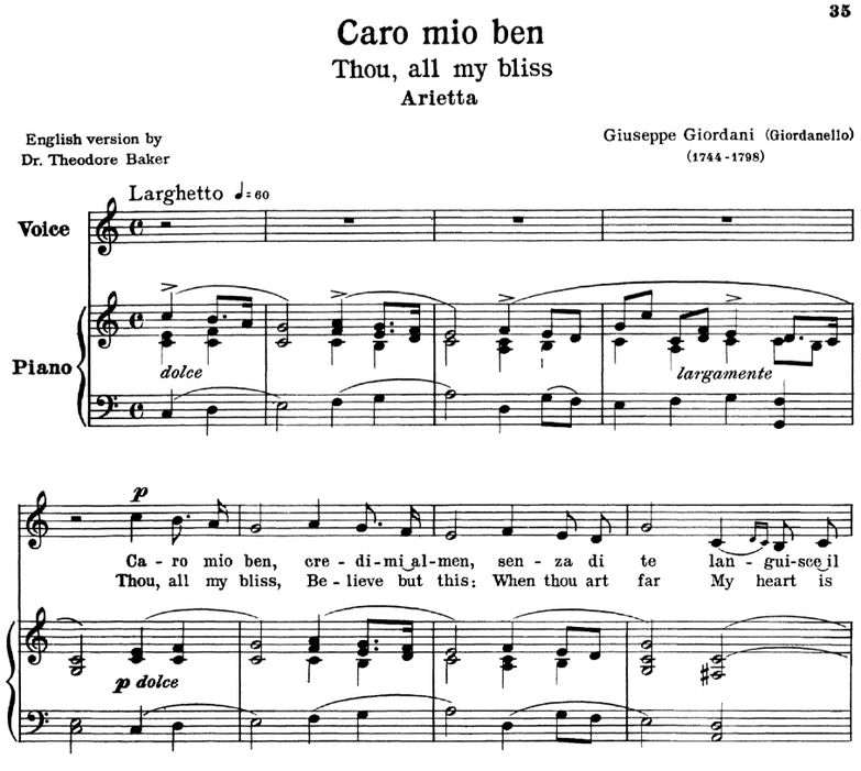 Caro mio ben, Low Voice in C Major, G. Giordani. T...