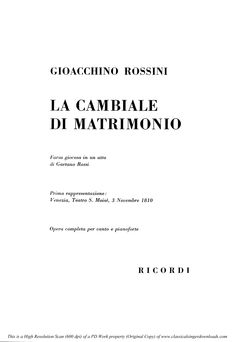 La cambiale di matrimonio (1910), Vocal Score, Ed ...