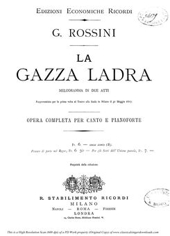 La gazza ladra (1876), Vocal Score, Ed Ricordi COV...