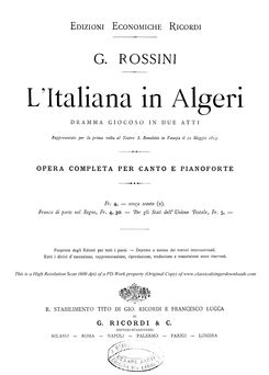 L'italiana in Algeri (1891), Vocal Score, Ed Ricor...