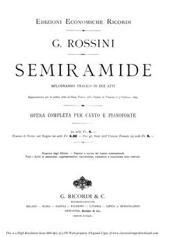 Semiramide, Vocal Score. Ed. Ricordi, 1875 (PD). D...