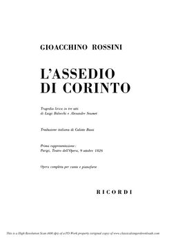 L'assedio di Corinto, Vocal Score. Ed. Ricordi, 18...