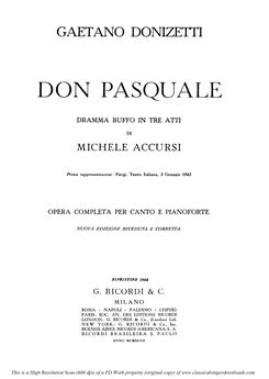 Don Pasquale, Ed. Ricordi (1870). PD. Vocal Score....