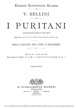 I puritani, Ed. Ricordi (PD). Vocal Score. Cover.