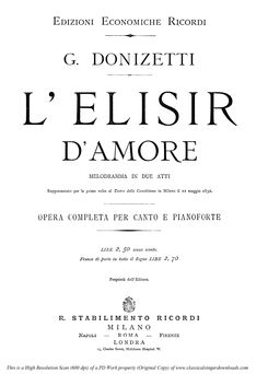 l'elisir ld'amore, Ed. Ricordi (1869). PD. Vocal S...